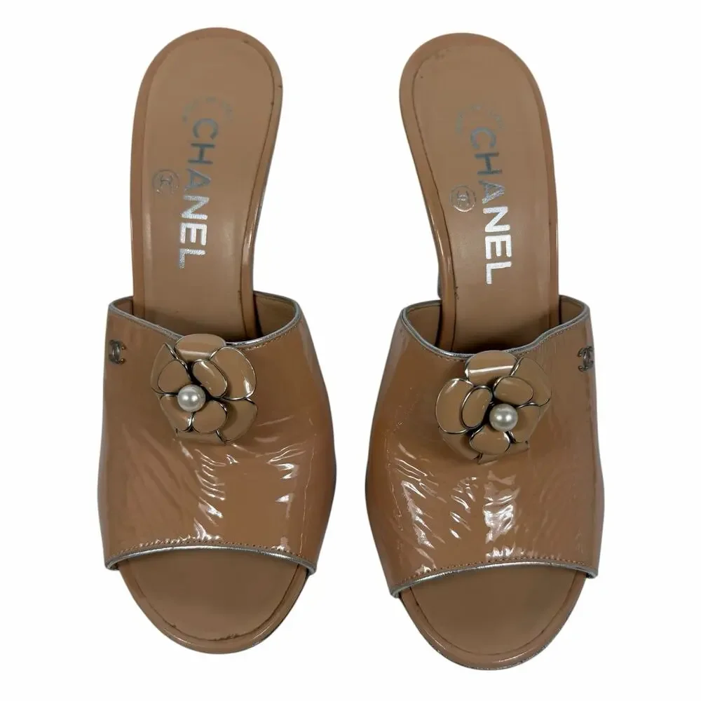 Chanel Camellia CC Logo Patent Leather Mule Sandal Beige Size 37.5